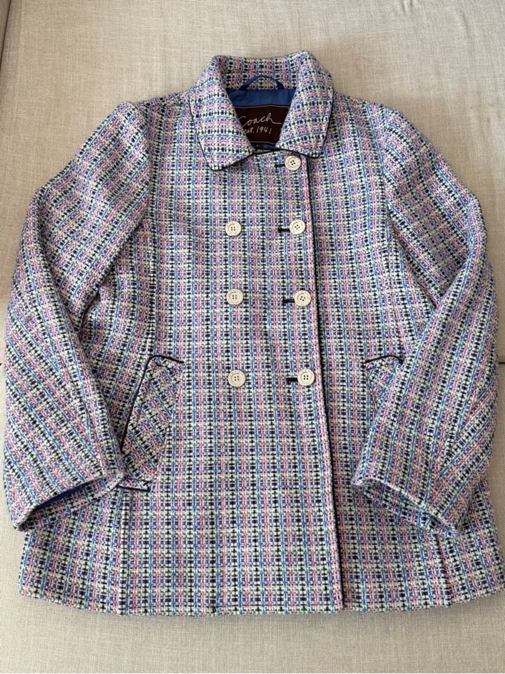 Coach Tweed Coat Multicolor Double Breasted Peacoat Wool Blend Jacket